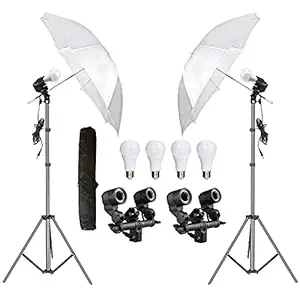 Hiffin E27 Studio Double Holder KIT Umbrella White + Studio Light Stand 9 FT+ Umbrella and Bulb Holder KIT Set of 2 (2 Double Holder,2 Light Stand 9FT,2 Umbrella, 2 20 W LED Bulb)